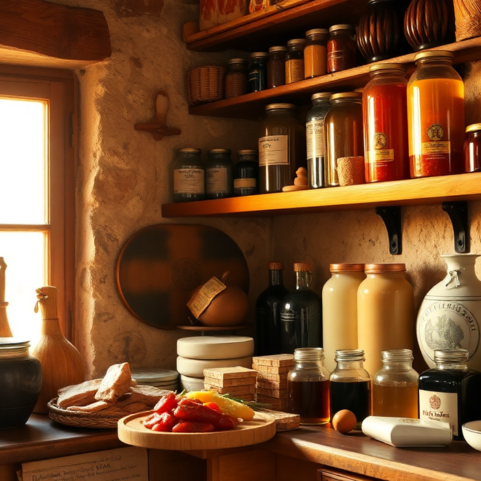Étagères rustiques remplies de produits italiens artisanaux — huiles d’olive, bocaux, condiments et fromages — dans une cuisine ensoleillée typique d’Italie, EasyGusto.fr