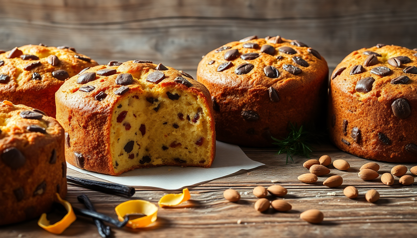 Panettones italiens gourmets aux fruits confits, chocolat et amandes sur table en bois – desserts artisanaux de Noël