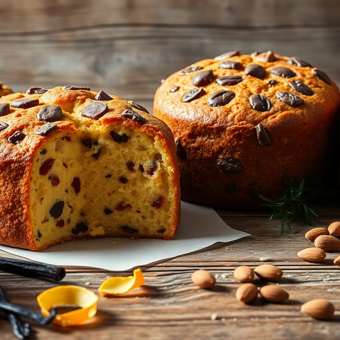 Panettones italiens gourmets aux fruits confits, chocolat et amandes sur table en bois – desserts artisanaux de Noël
