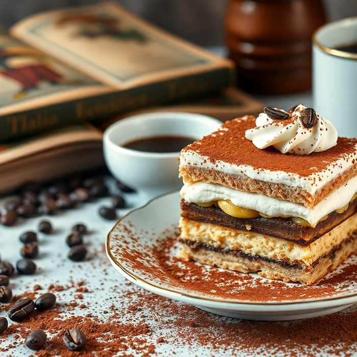 Part de tiramisu italien saupoudrée de cacao, servie sur une assiette blanche avec une tasse de café et des grains de café sur la table — dessert traditionnel d’Italie, EasyGusto.fr