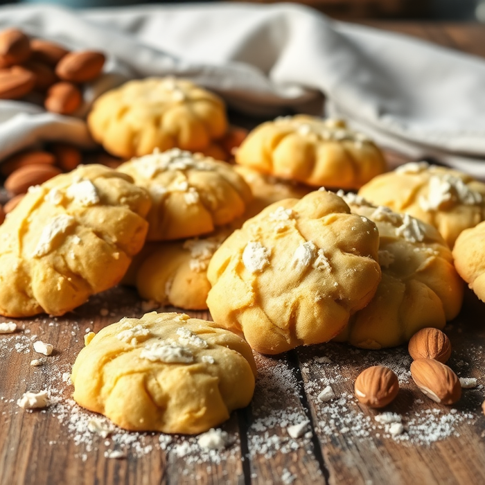 Biscuits Amaretti italiens moelleux aux amandes, saupoudrés de sucre glace, présentés sur une table rustique en bois.