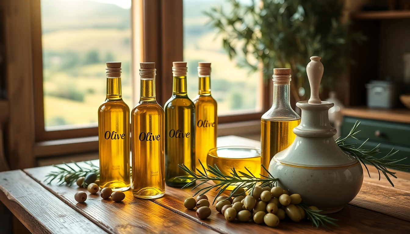 Bouteilles d’huile d’olive italienne alignées sur une table en bois, entourées d’olives fraîches et de branches de romarin, avec une lumière naturelle et un paysage toscan en arrière-plan — EasyGusto.fr
