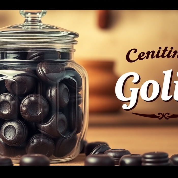 Bocal de bonbons Golia à la réglisse italienne sur une table rustique – confiserie italienne traditionnelle, photo EasyGusto.fr