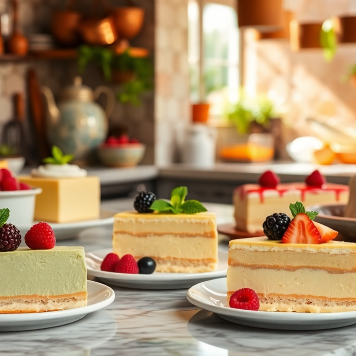Assiettes de semifreddo et de cassata italiennes garnies de fruits frais dans une cuisine artisanale, ambiance lumineuse et gourmande — desserts glacés authentiques d’Italie, EasyGusto.fr