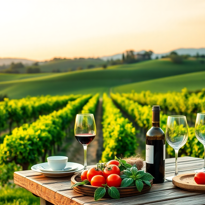 Verres de vin et bouteille sur une table en bois face à un vignoble italien au coucher du soleil — EasyGusto.fr
