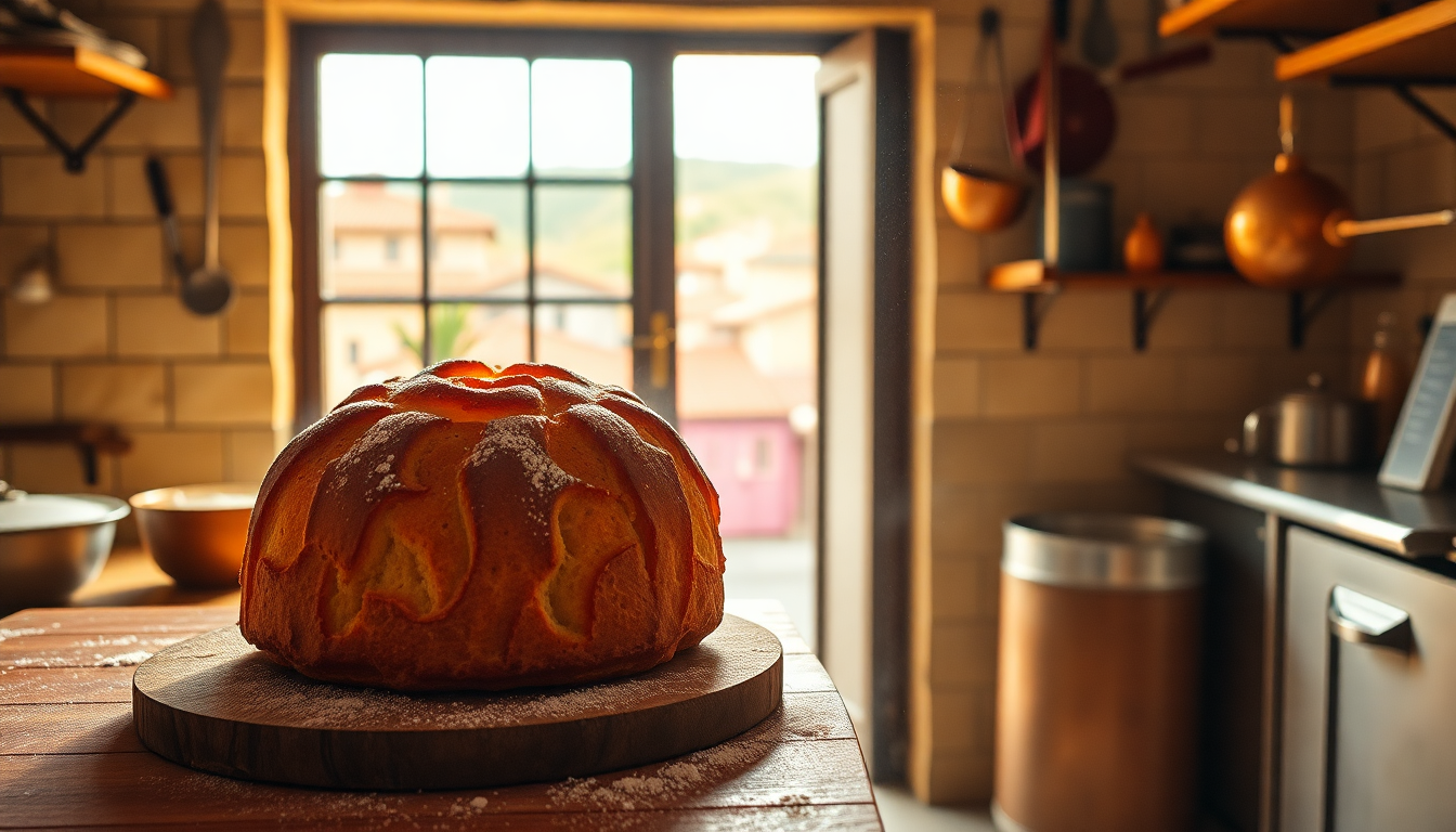 Panettone italien artisanal posé sur une table en bois dans une cuisine traditionnelle