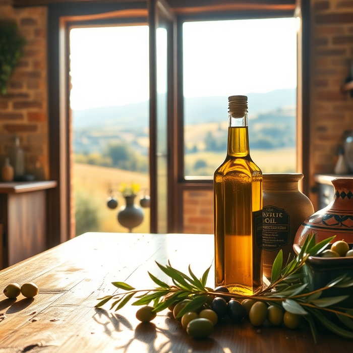 Bouteille d’huile d’olive italienne artisanale sur table rustique avec rameaux d’olivier, lumière naturelle et paysage toscan en arrière-plan — EasyGusto