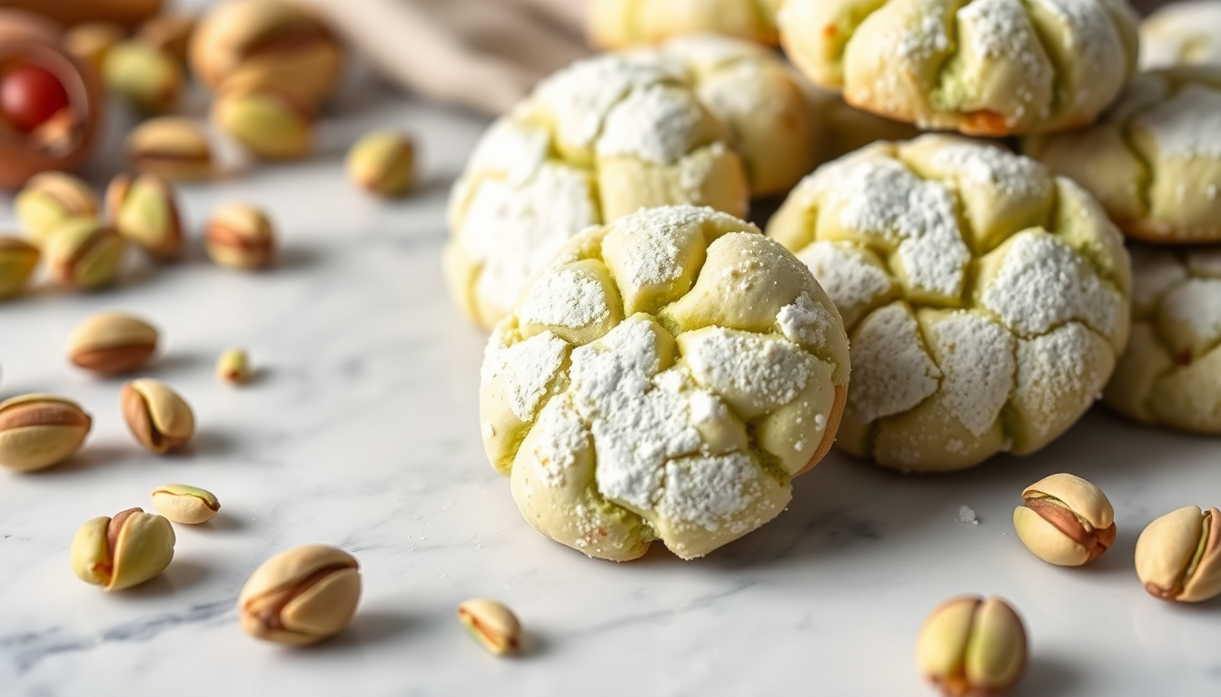 Biscuits italiens à la pistache saupoudrés de sucre glace, posés sur une table en marbre avec des pistaches entières — douceur artisanale sicilienne signée EasyGusto.fr