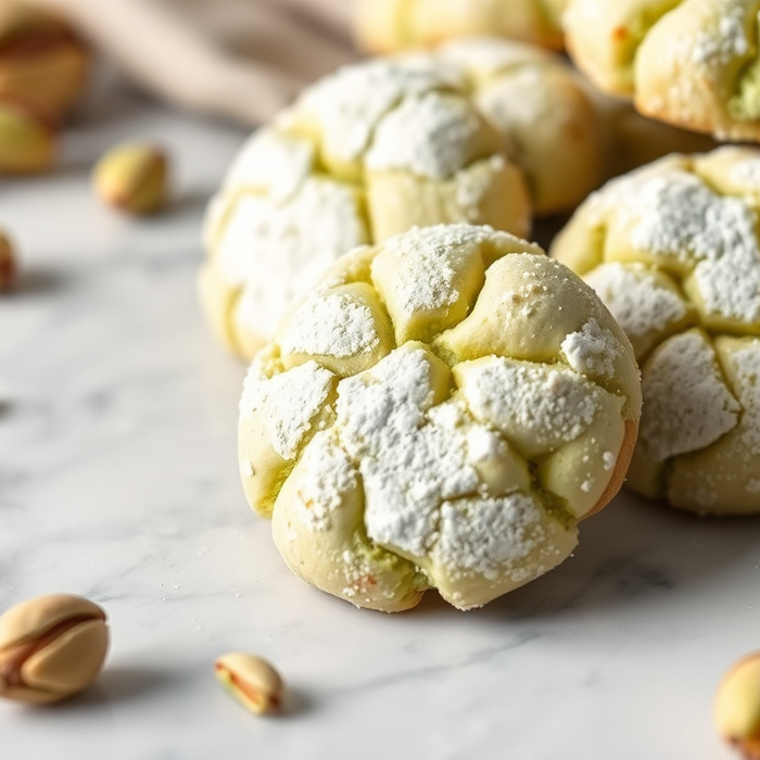 Biscuits italiens à la pistache saupoudrés de sucre glace, posés sur une table en marbre avec des pistaches entières — douceur artisanale sicilienne signée EasyGusto.fr