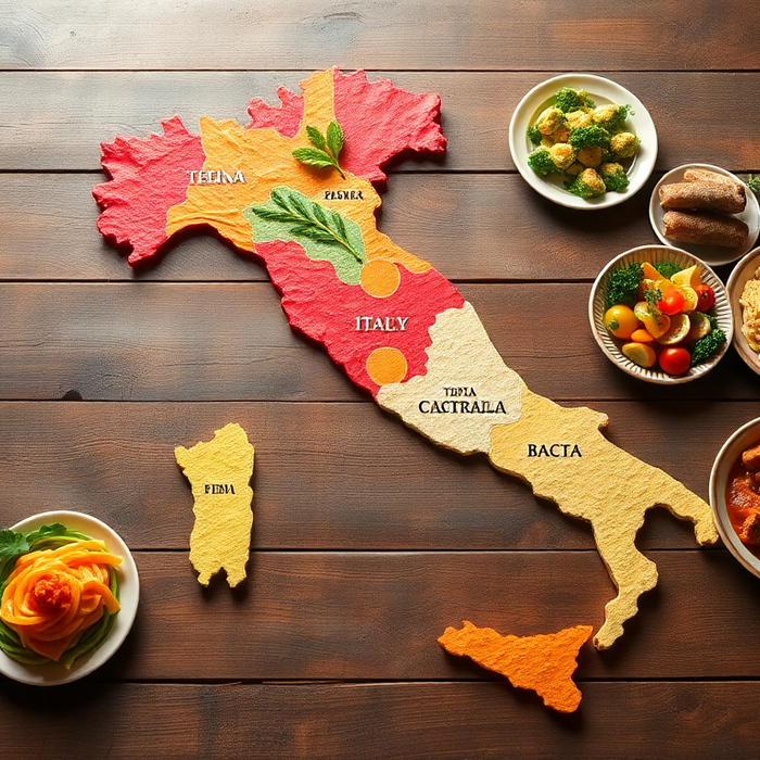 Carte colorée de l’Italie entourée de plats traditionnels représentant les spécialités régionales italiennes — pâtes, viandes, légumes et desserts — sur une table en bois, ambiance culinaire EasyGusto.fr