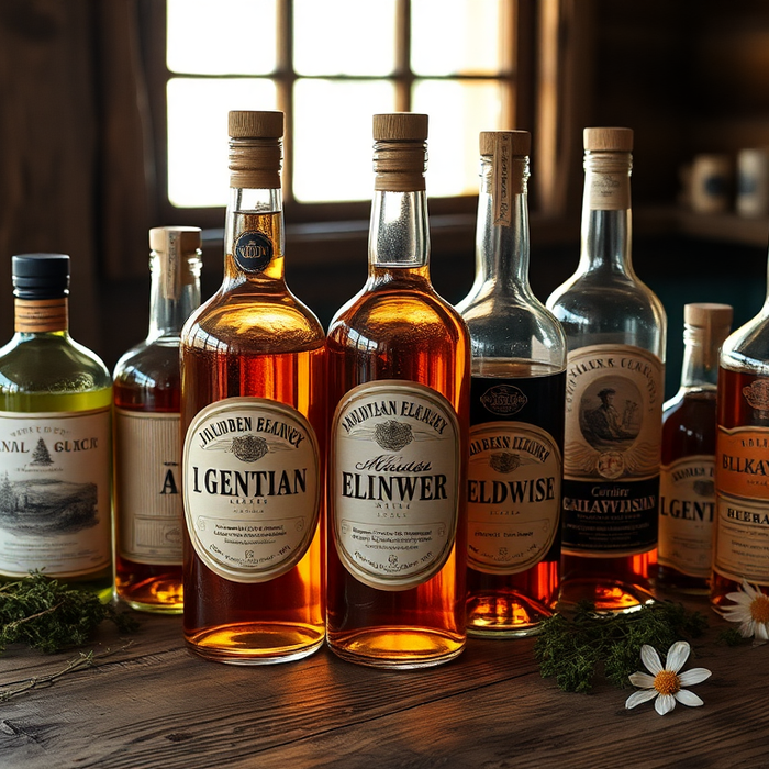 Bouteilles de liqueurs artisanales de montagne alignées sur une table en bois dans un chalet alpin ensoleillé.