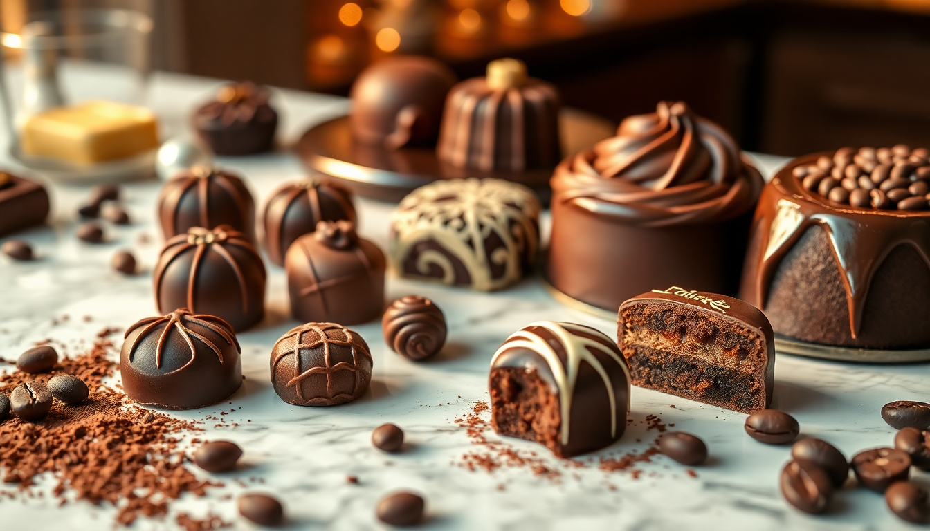 Assortiment de chocolats italiens artisanaux, truffes, gâteaux et pralines sur un plan de travail en marbre — symbole du savoir-faire pâtissier italien et des délices au chocolat proposés par EasyGusto.fr.