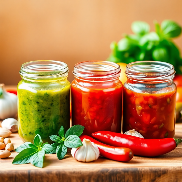 Trois bocaux de sauces italiennes — pesto vert, arrabbiata rouge et puttanesca — disposés sur une planche en bois avec des ingrédients frais : ail, piments, tomates et basilic — symbole des saveurs méditerranéennes authentiques — EasyGusto.fr