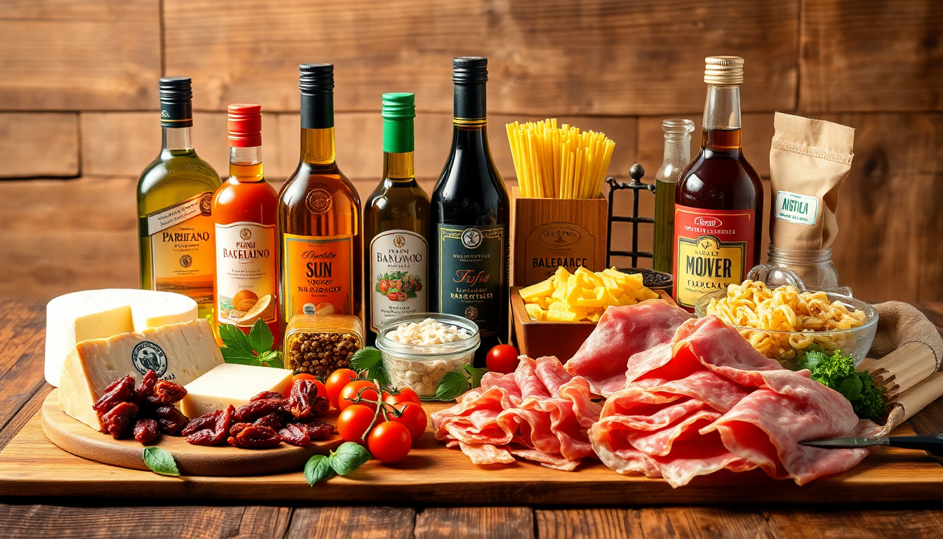 Sélection de produits italiens authentiques : huile d’olive, pâtes, charcuterie, fromages et vins sur planche en bois — EasyGusto