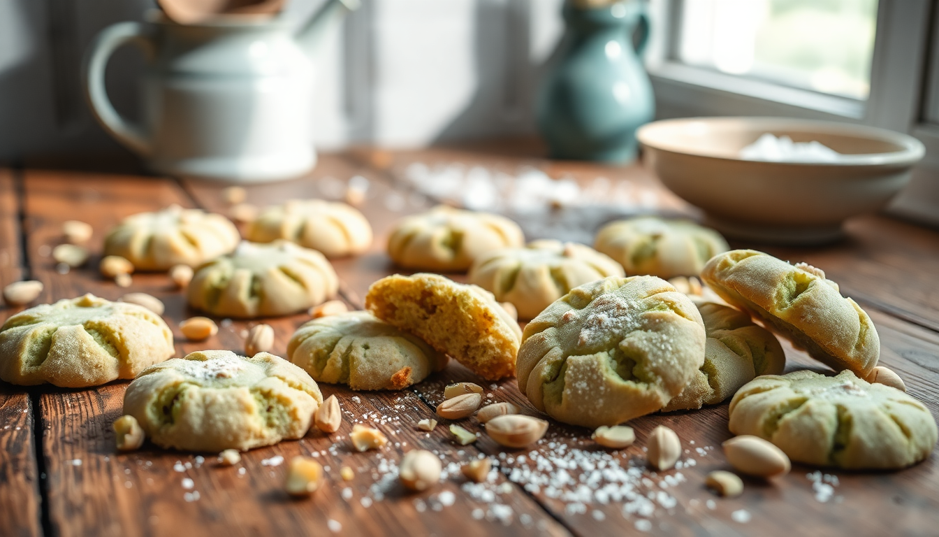 Biscuits italiens à la pistache disposés sur une table en bois rustique, saupoudrés de sucre glace et accompagnés d’amandes — symbole de la douceur sicilienne authentique — EasyGusto.fr