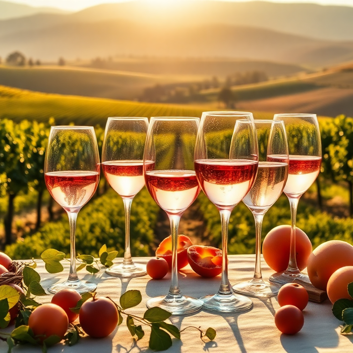 Verres de vins rosés italiens disposés sur une table au cœur des vignes, entourés de pêches et d’abricots sous un coucher de soleil toscan — EasyGusto.fr