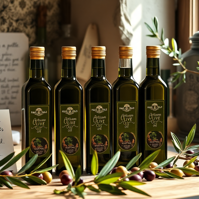 Bouteilles d’huile d’olive italienne bio disposées sur une table en bois entourées d’olives et de branches d’olivier dans une ambiance artisanale — EasyGusto.fr
