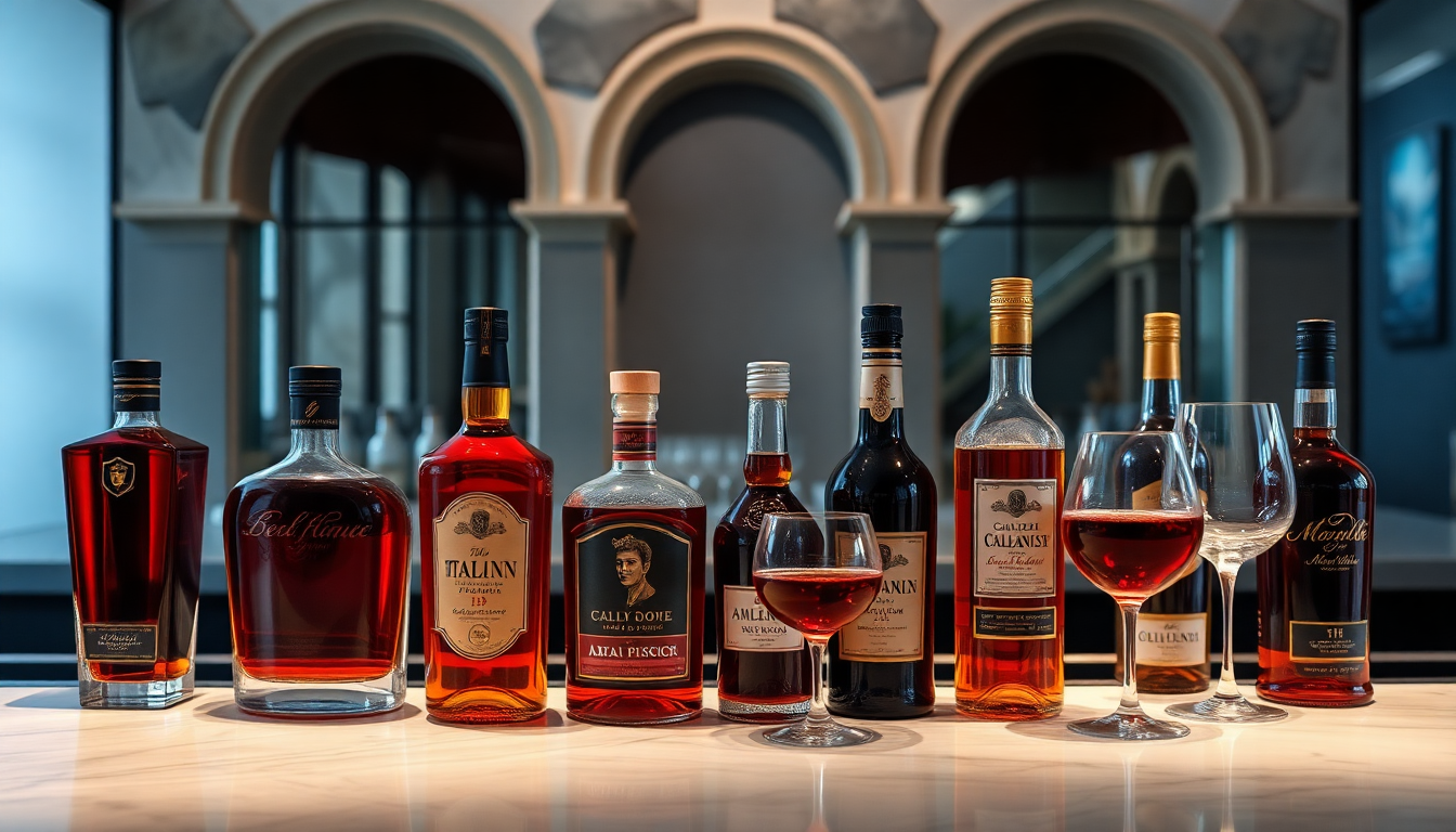 Sélection de liqueurs italiennes premium — limoncello, amaretto, grappa et autres spiritueux raffinés — présentée dans une ambiance élégante rappelant l’art de vivre à l’italienne.