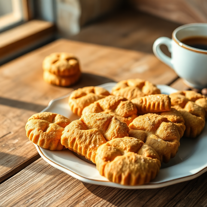 Assiette de biscuits italiens dorés servis avec une tasse de café chaud sur une table en bois, ambiance matinale et gourmande — EasyGusto.fr