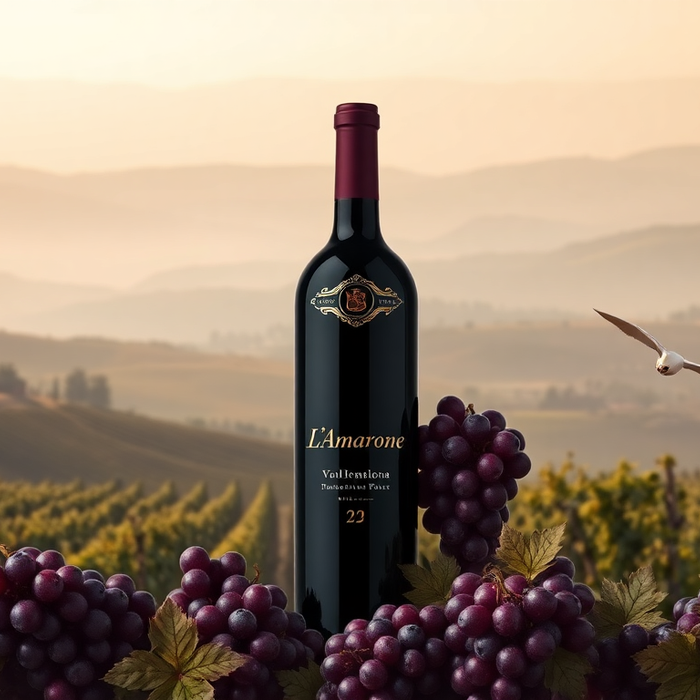 Bouteille de vin Amarone della Valpolicella posée devant un vignoble ensoleillé de Vénétie, entourée de grappes de raisins mûrs, représentant l’élégance et la puissance de ce vin italien d’exception.