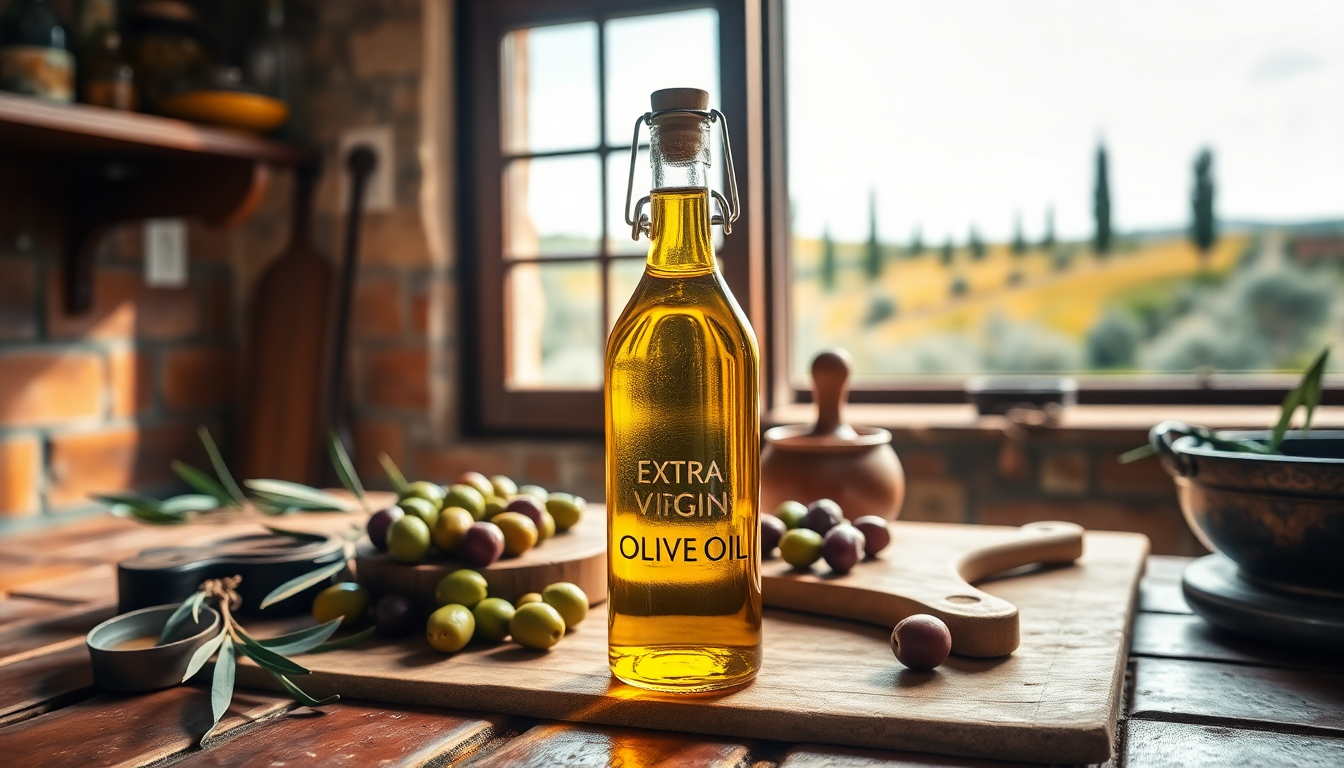 Bouteille d’huile d’olive extra vierge toscane sur une table en bois, entourée d’olives fraîches et d’un paysage toscan en arrière-plan — symbole de l’équilibre, du fruité et de l’élégance de l’huile d’olive italienne — EasyGusto.fr