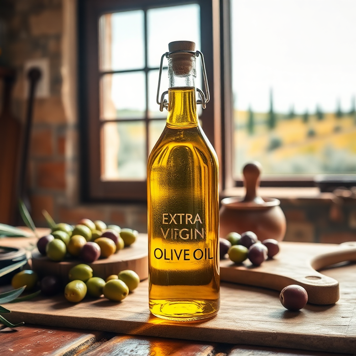 Bouteille d’huile d’olive extra vierge toscane sur une table en bois, entourée d’olives fraîches et d’un paysage toscan en arrière-plan — symbole de l’équilibre, du fruité et de l’élégance de l’huile d’olive italienne — EasyGusto.fr