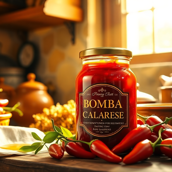 Pot de Bomba Calabrese artisanale entouré de piments rouges dans une cuisine italienne traditionnelle.