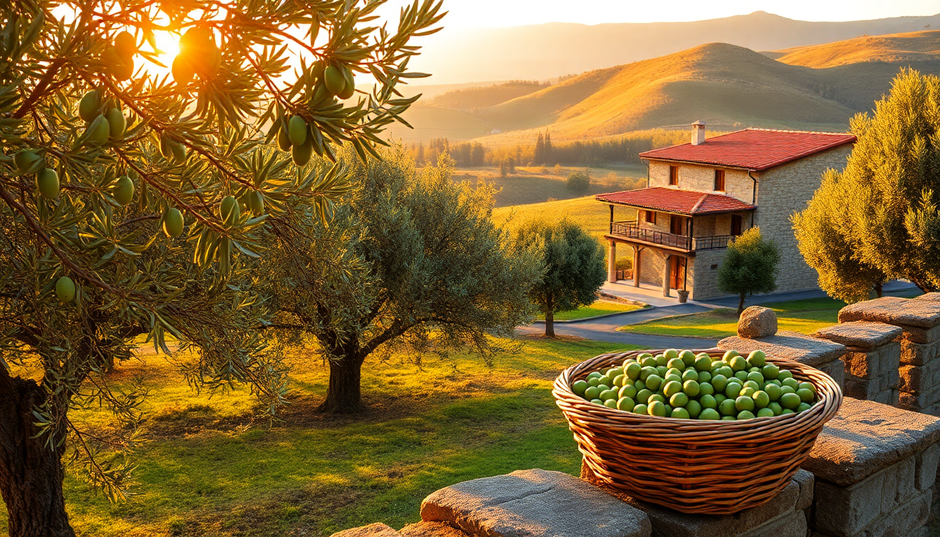 Panier d’olives vertes posé sur un muret de pierre dans une oliveraie toscane au coucher du soleil, avec une maison traditionnelle en arrière-plan — EasyGusto.fr