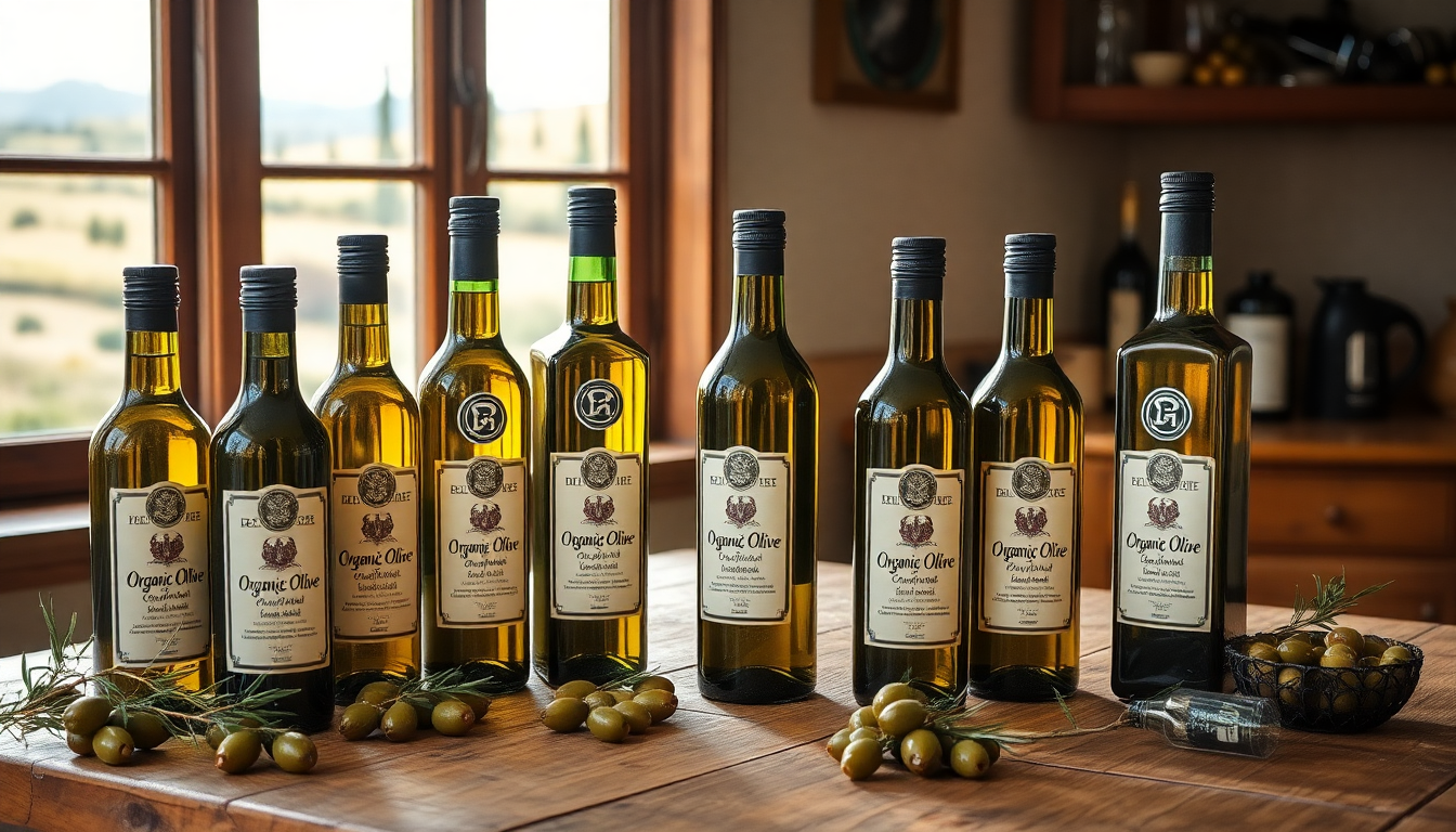 Bouteilles d’huiles d’olive italiennes bio primées alignées sur une table en bois, entourées d’olives fraîches, dans une ambiance chaleureuse avec vue sur la campagne toscane.