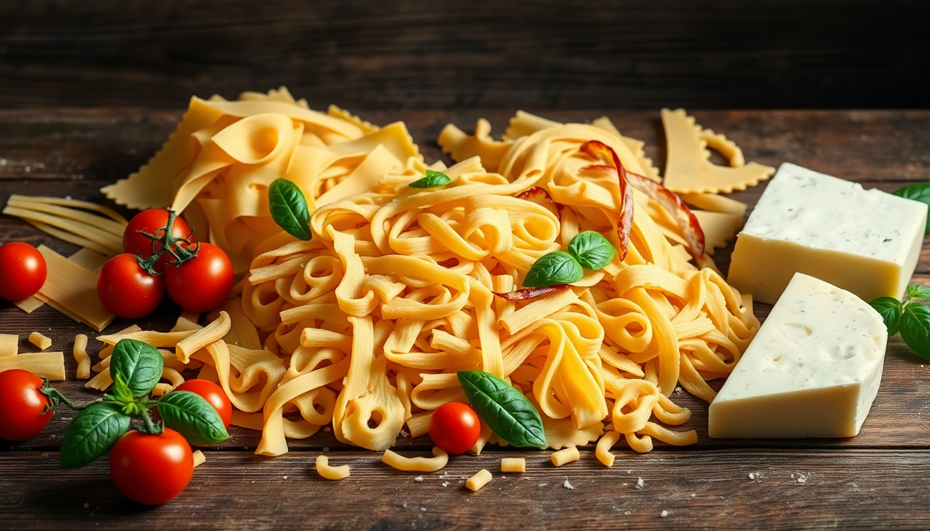 Assortiment de pâtes italiennes artisanales avec tomates cerises, basilic et fromage sur une table rustique — EasyGusto.fr