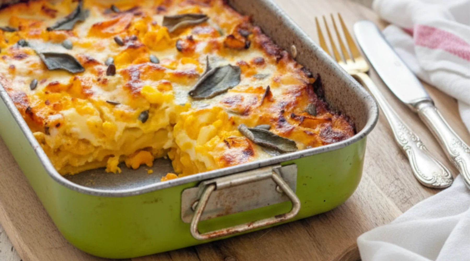 Lasagnes à la courge dorées et fondantes avec béchamel et sauge fraîche, plat gratiné d’automne"