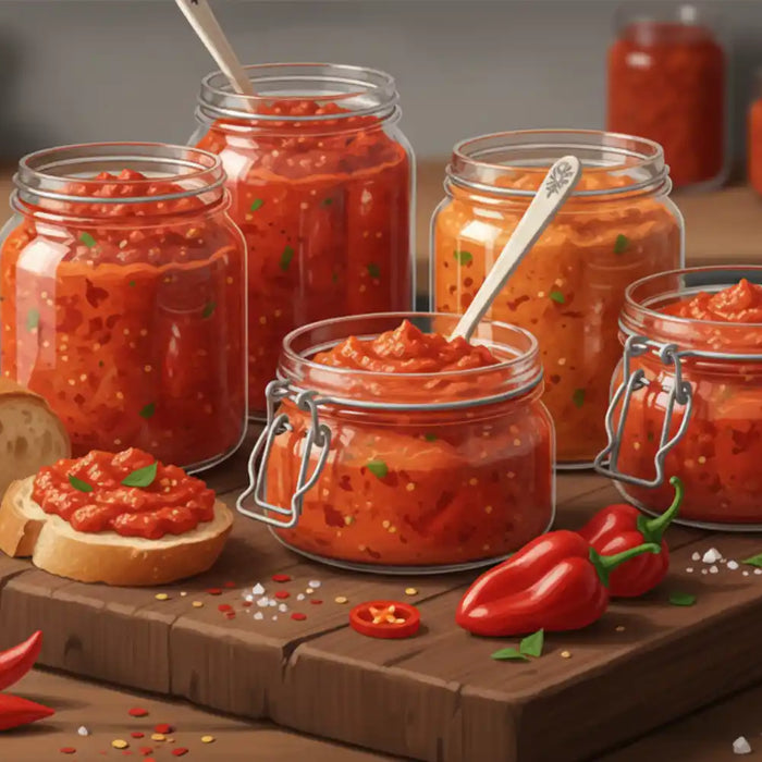 Bocaux de crèmes de piment italiens artisanaux, rouges et épicés, présentés sur une table en bois.