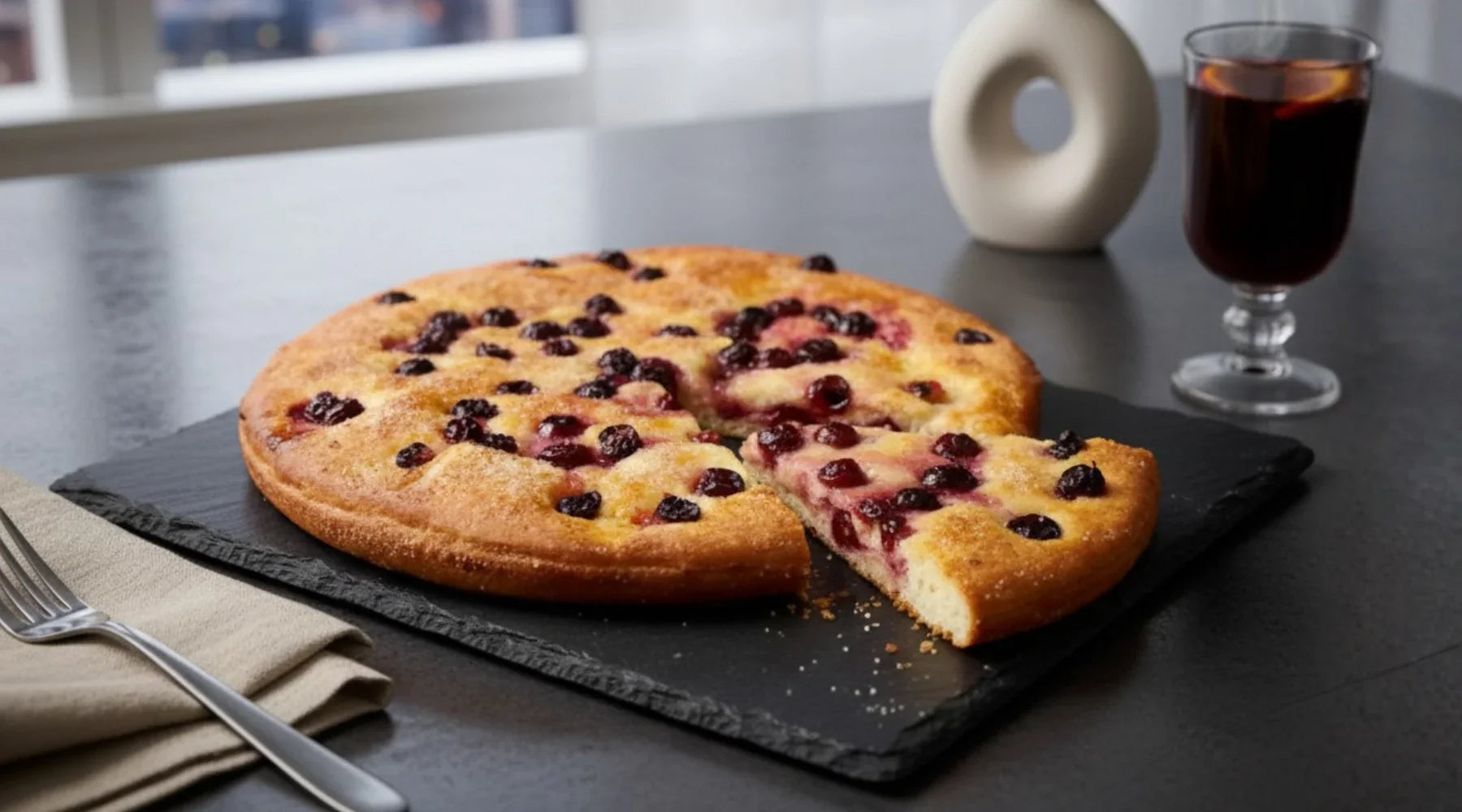 Schiacciata con l’uva toscane, gâteau rustique moelleux aux raisins noirs servi sur ardoise avec un verre de vin doux