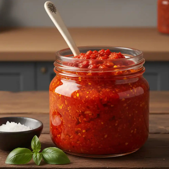 Pots de crème de poivrons et sauces italiennes disposés sur un plateau en bois avec des piments rouges frais.