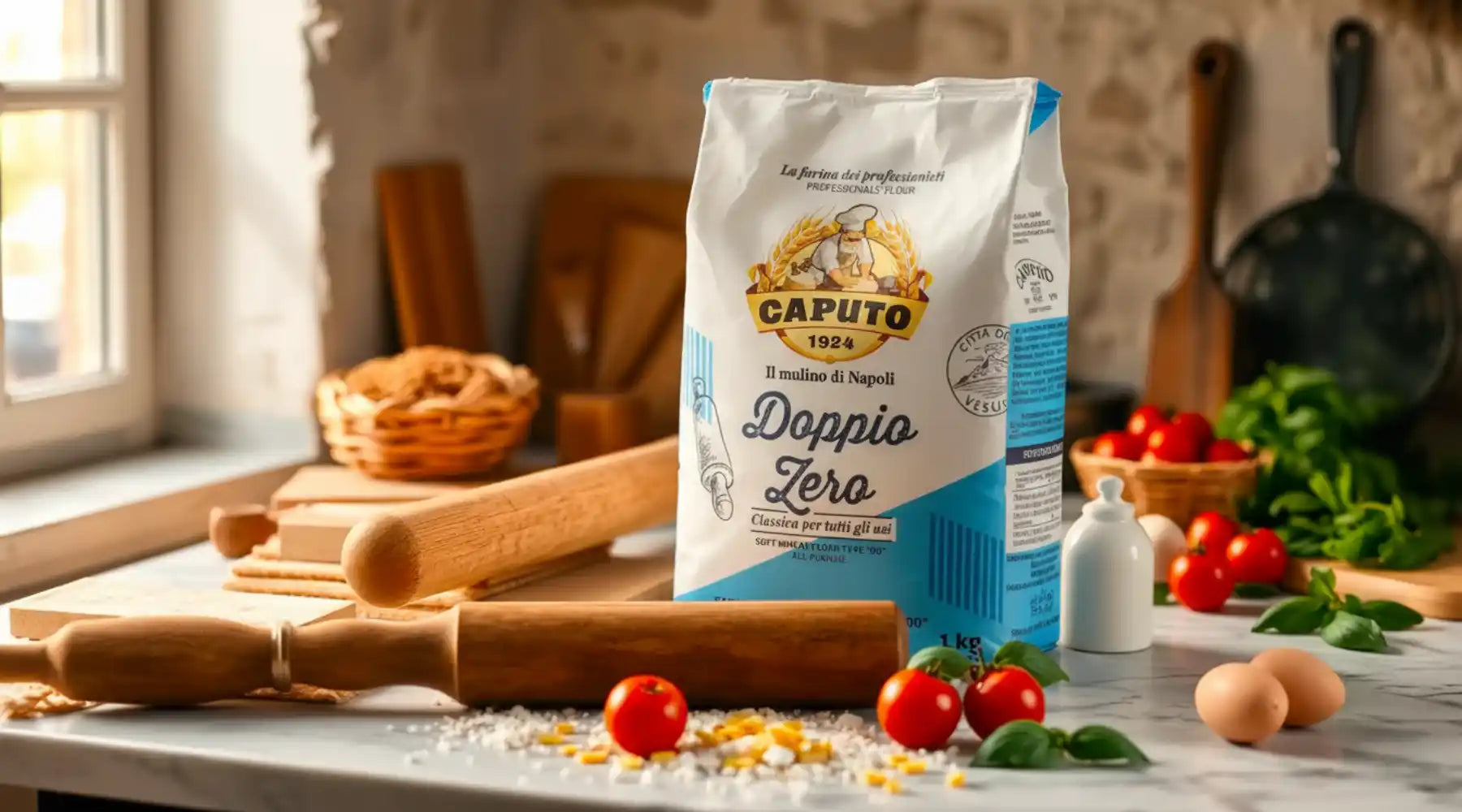 Sac de farine Caputo 00 posé sur un plan de cuisine avec ingrédients italiens pour préparer pizzas et pâtes fraîches.