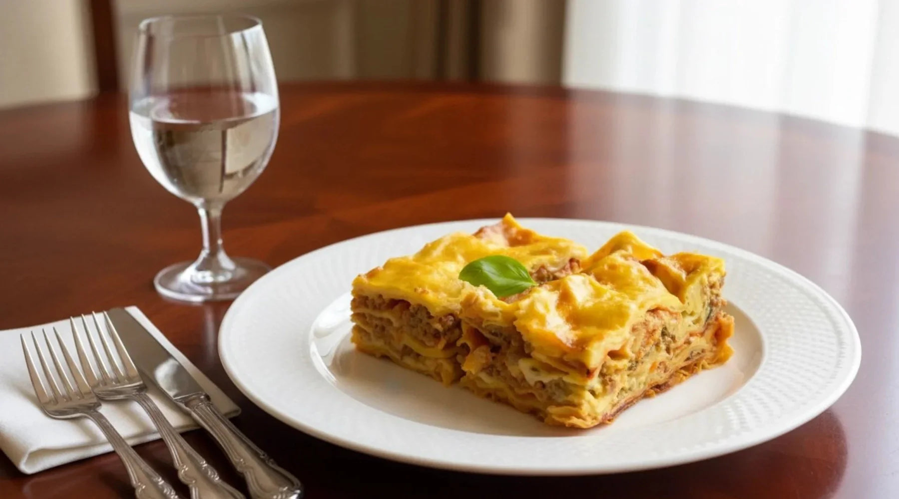 Timballo des Abruzzes servi sur une assiette blanche — plat traditionnel de Teramo à base de fines crêpes appelées scrippelle, garni de ragù, mozzarella, œufs durs et parmesan, doré au four et présenté sur une table élégante avec un verre d’eau.