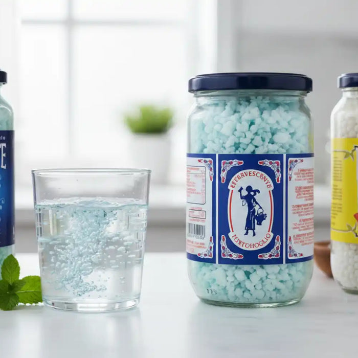 Bocaux d’effervescents digestifs italiens Crastan, Galeffi et Tortoroglio avec un verre d’eau pétillant.