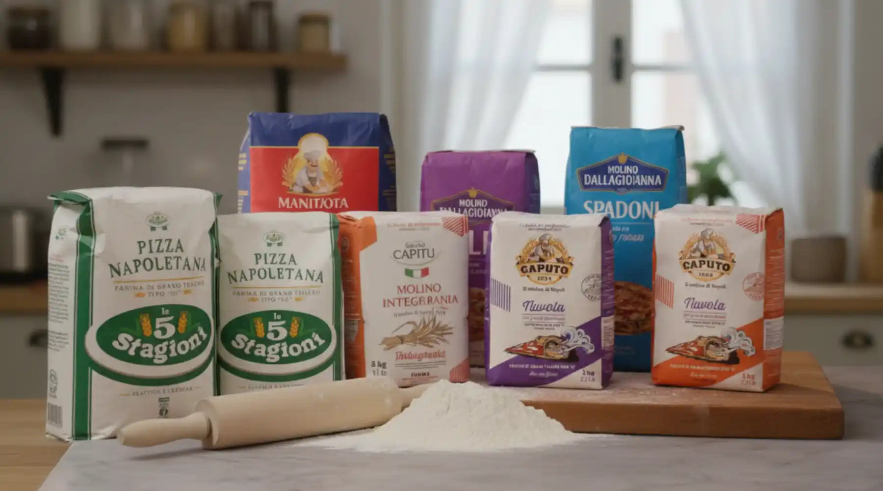 Assortiment de farines italiennes pour pizza, incluant plusieurs marques spécialisées pour une pâte authentique et artisanale.