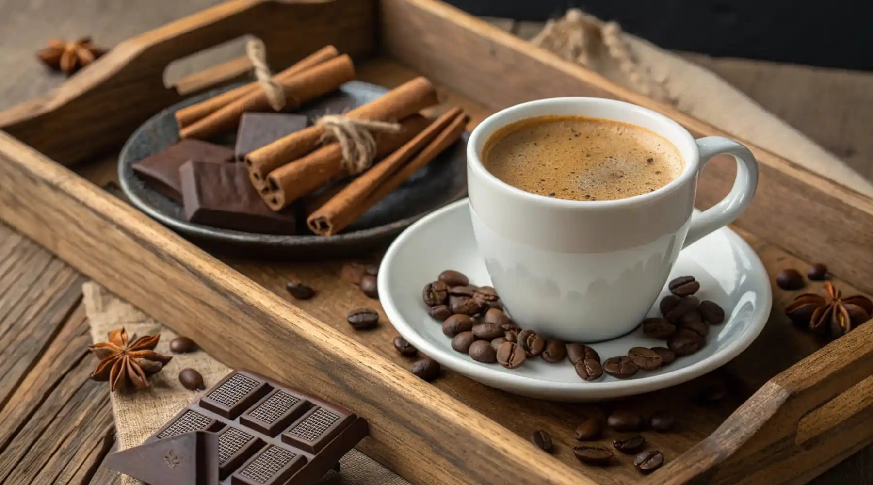 Tasse de café fumant sur un plateau en bois avec grains de café, chocolat noir et bâtons de cannelle, illustrant les arômes gourmands du caramel, de la noisette et de la vanille.