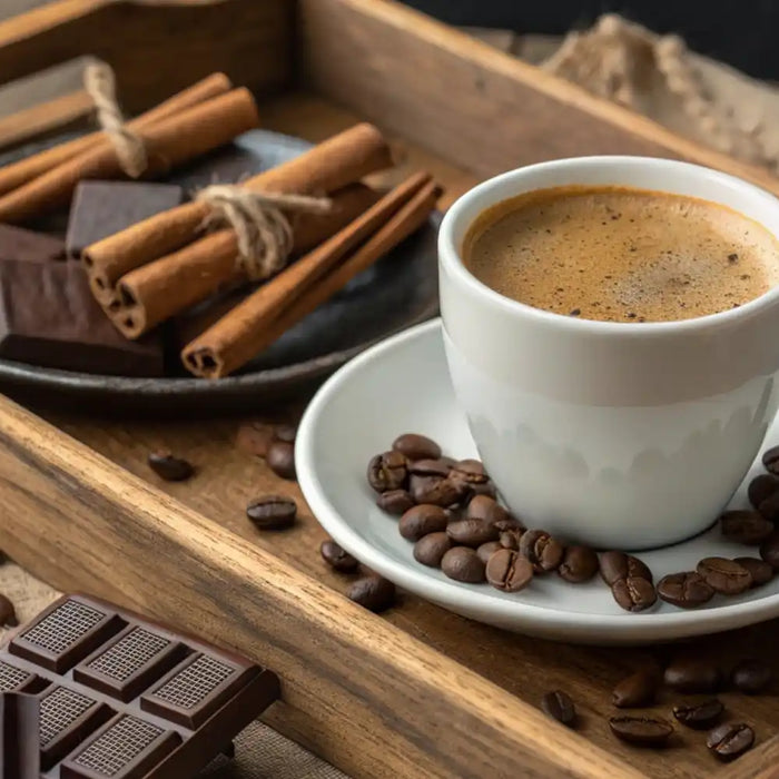 Tasse de café fumant sur un plateau en bois avec grains de café, chocolat noir et bâtons de cannelle, illustrant les arômes gourmands du caramel, de la noisette et de la vanille.