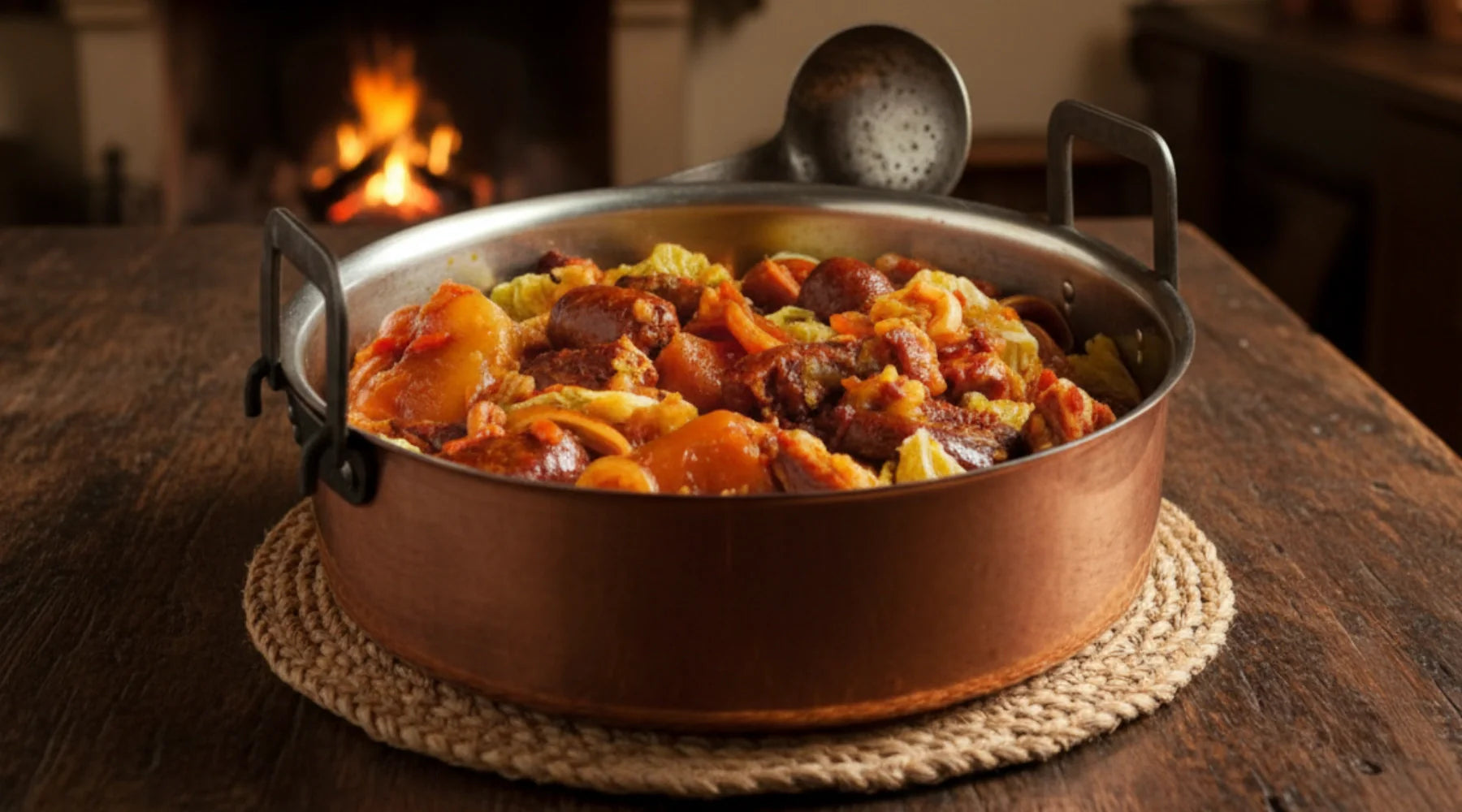 Cassoeula traditionnelle de Brianza, ragoût lombard à base de porc et chou frisé servi dans une cocotte en cuivre devant un feu de cheminée