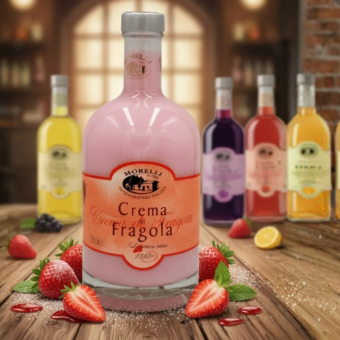 Bouteille de liqueur italienne à la fraise Crema di Fragola entourée de fruits frais sur une table en bois — sélection de liqueurs fruitées EasyGusto.