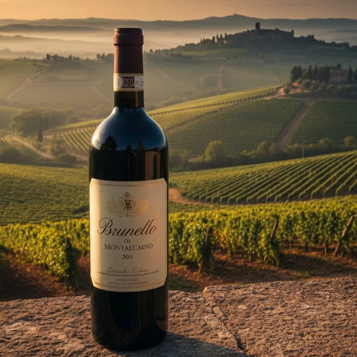 Bouteille de vin Brunello di Montalcino posée sur un muret en pierre avec les vignobles toscans au coucher du soleil, illustrant l’élégance et la richesse du célèbre vin de Toscane.
