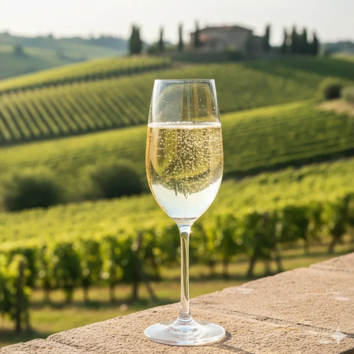 Verre de Prosecco pétillant posé sur une terrasse surplombant un vignoble ensoleillé de Vénétie, illustrant l’élégance et la fraîcheur des vins italiens effervescents.