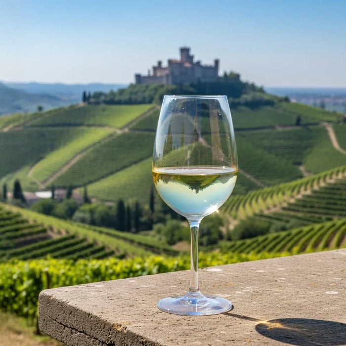 Verre de vin blanc Soave posé sur une terrasse surplombant les vignobles vallonnés de la Vénétie, avec un château en arrière-plan, représentant l’élégance et la fraîcheur des vins italiens.
