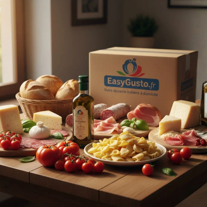 Table italienne avec produits artisanaux : pâtes, huile d’olive, fromages, vins et charcuterie — épicerie italienne en ligne EasyGusto