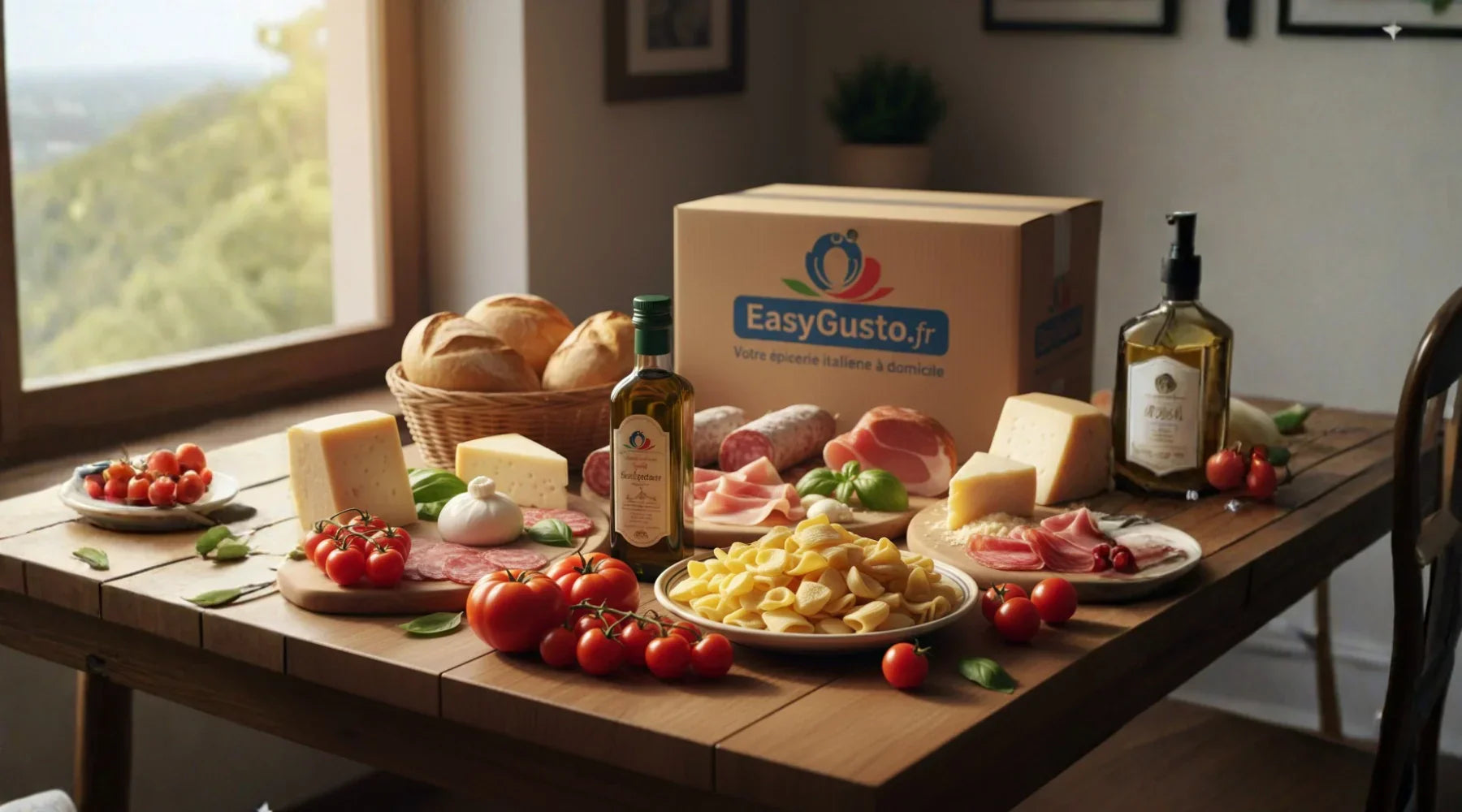 Table italienne avec produits artisanaux : pâtes, huile d’olive, fromages, vins et charcuterie — épicerie italienne en ligne EasyGusto
