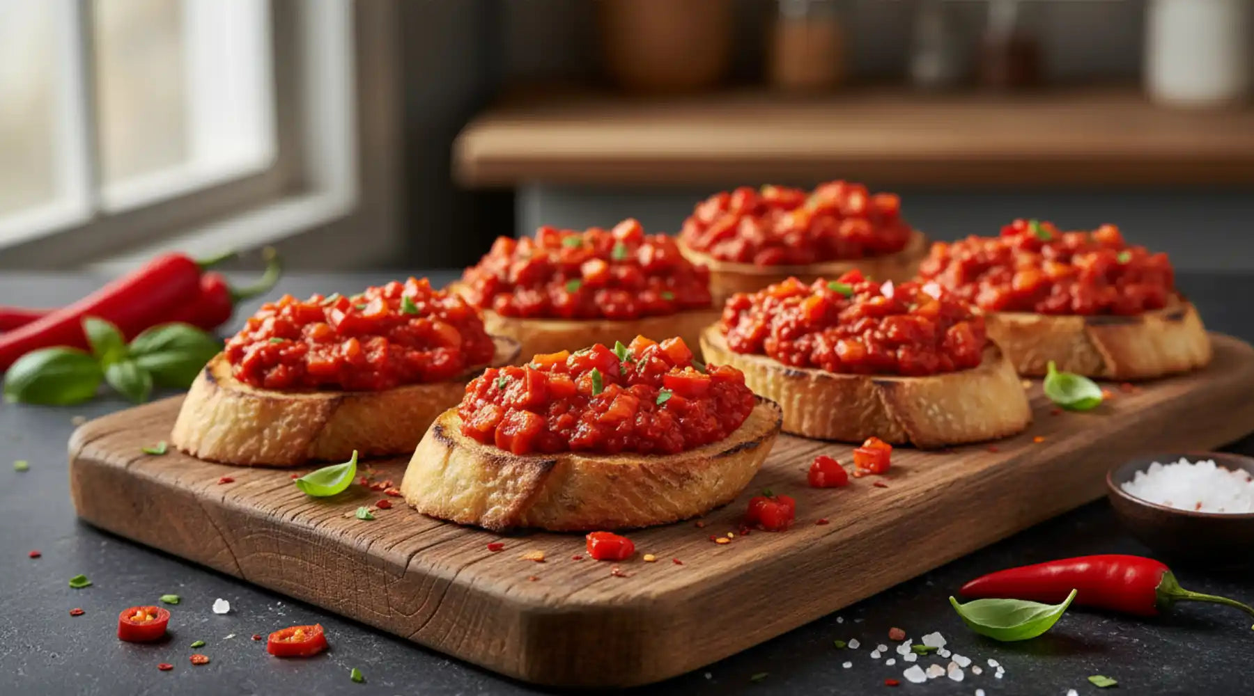 Pot de crème de poivrons piquante rouge avec basilic, présenté comme tartinade italienne pour pâtes, pizzas et apéritifs.