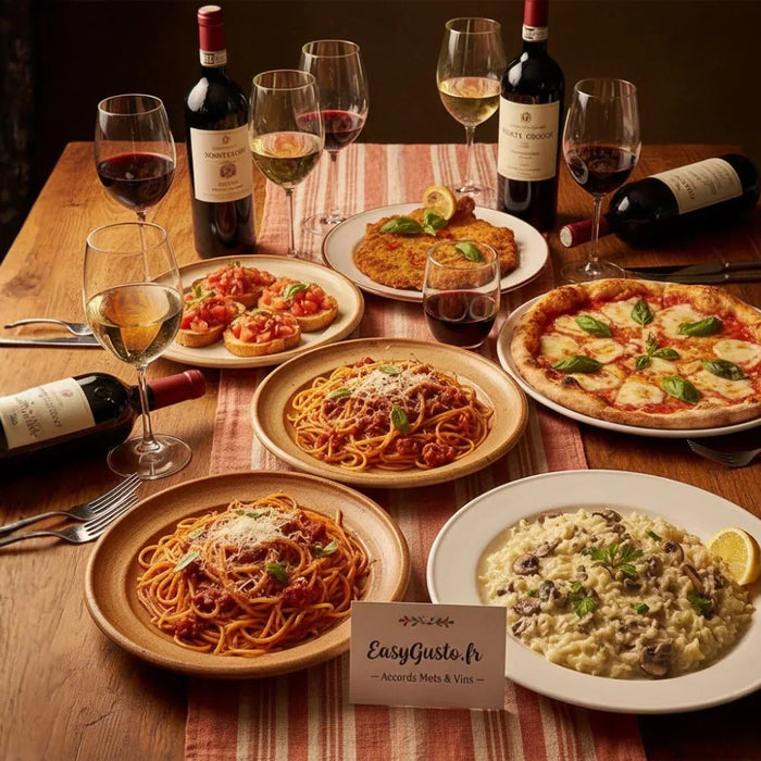 Table italienne élégante dressée avec des plats traditionnels — spaghetti bolognaise, risotto aux champignons, pizza margherita, bruschetta — accompagnés de verres et bouteilles de vins italiens rouges et blancs EasyGusto.fr