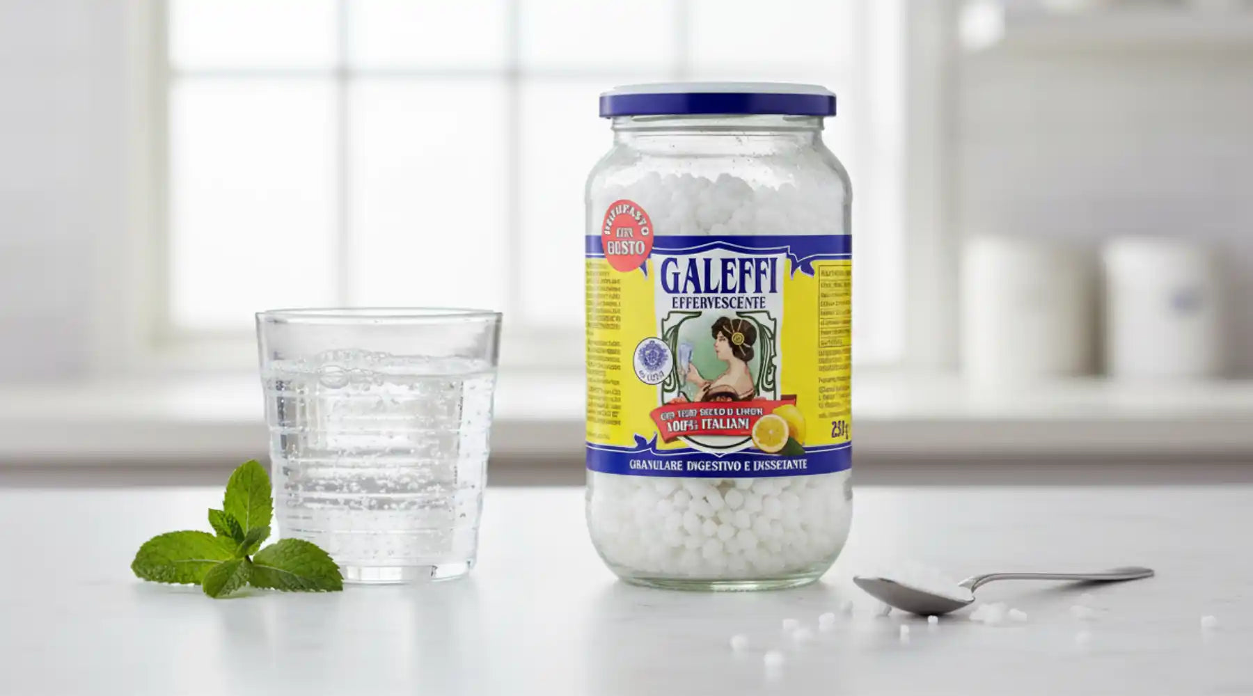 Granulés effervescents Galeffi se dissolvant dans un verre d’eau pour une boisson digestive.